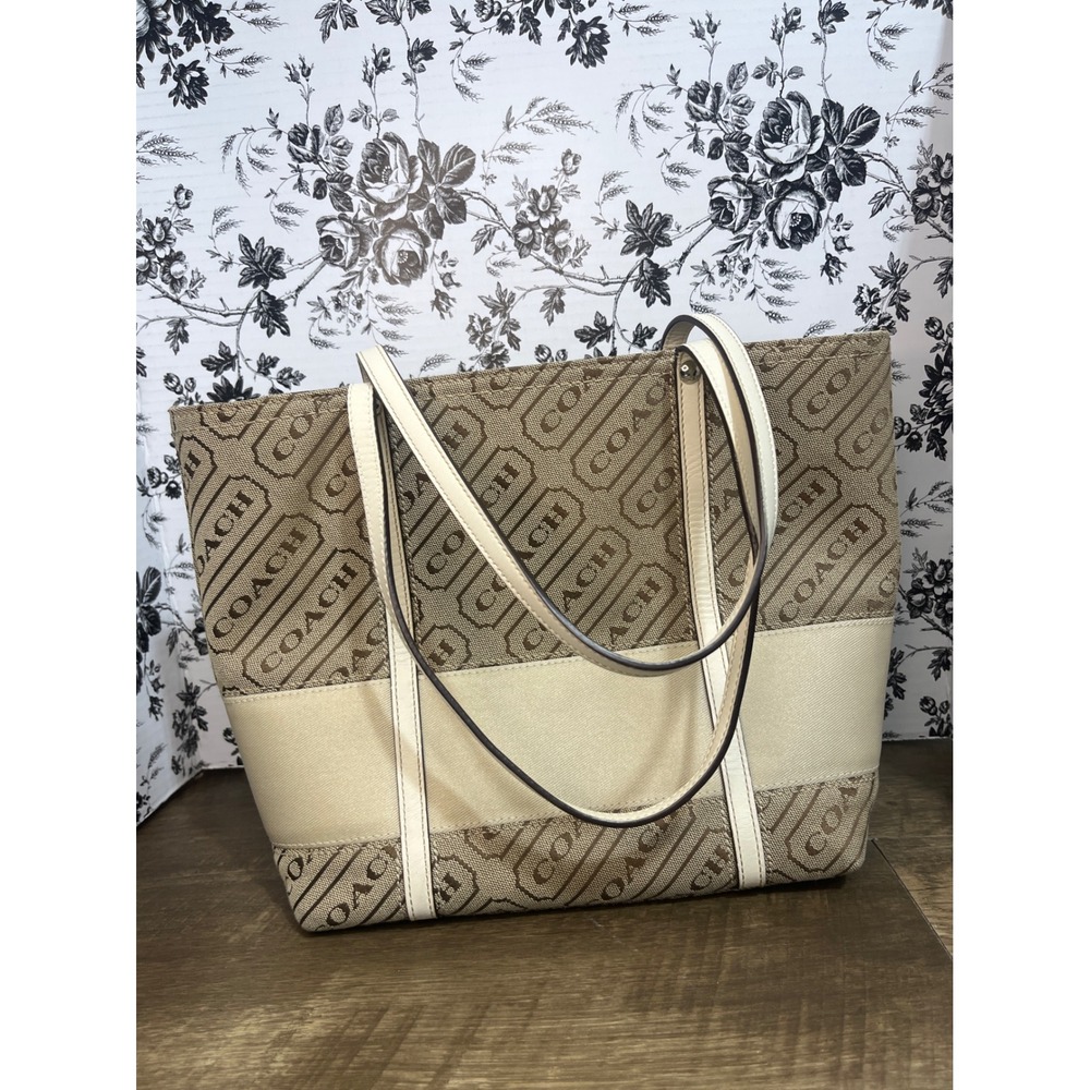 Coach Gallery Tote Khaki Signature Jacquard Cream Leather Trim F12252 Bag